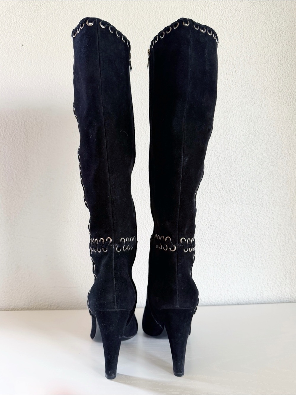 Prada Black Suede Whipstitch Eyelet Knee High Heeled Boots EU 39 - Picture 8 of 11